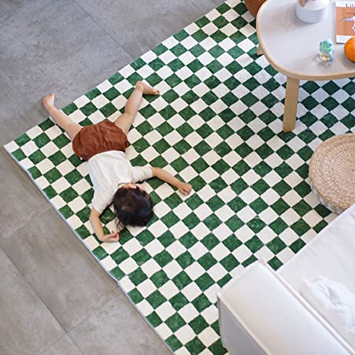 Grün Weißer Schachbrett Teppich – Weicher Geometrisch Karierter Teppich, Rutschfester Shag-Teppich Für Schlafzimmer, Wohnzimmer, Heimdekoration,160×230CM,Green