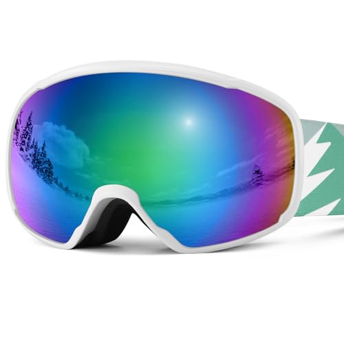 Odoland Skibrille Kinder Snowboardbrille für brillenträger Helmkompatible mit UV-Schutz und OTG Anti-Beschlage für Jungen und Mädchen zum Skifahren und Bergsteigen Weiß Grün