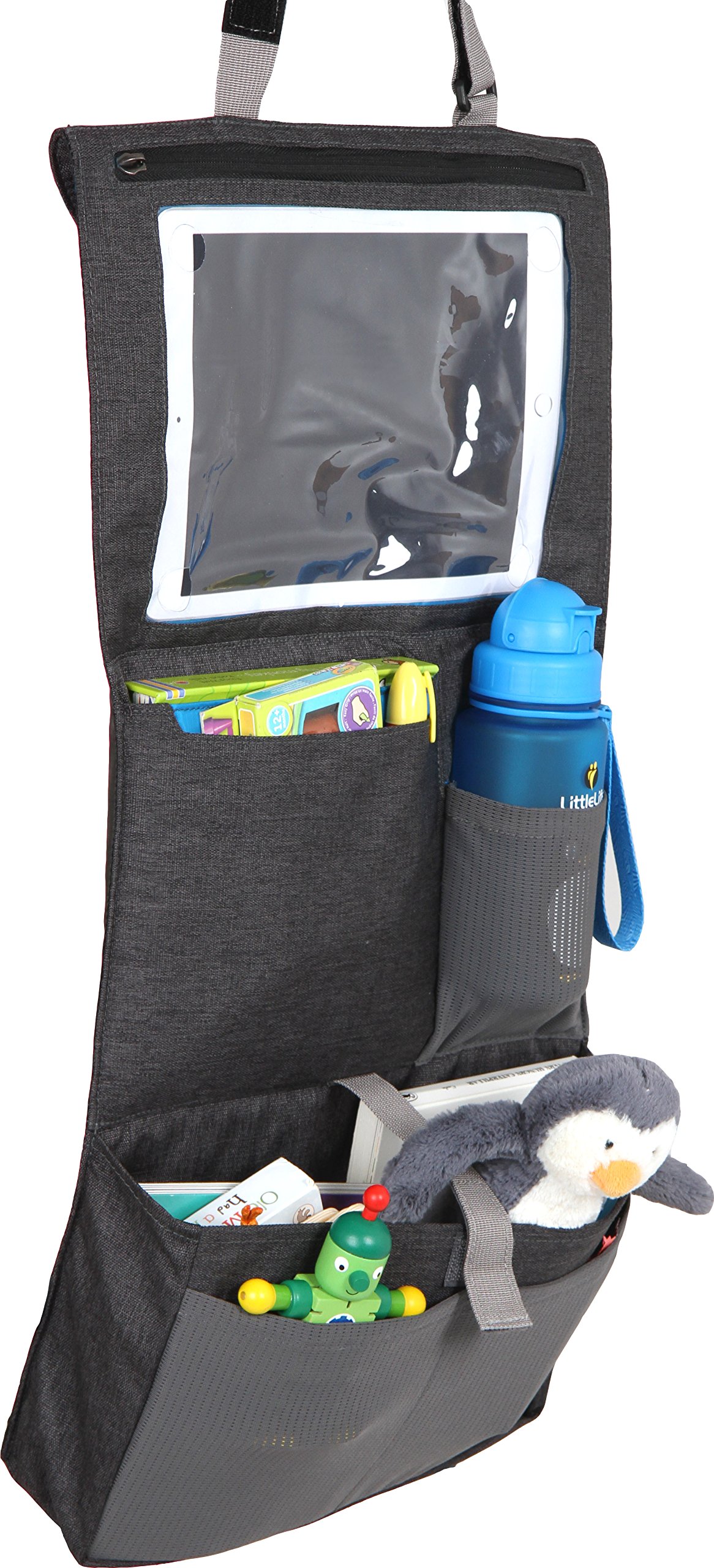 LittleLife Autositz-Organisator für Kinder im Rücksitz passt alle iPads mit Touchscreen-Fenster, mehrere Taschen für Flasche, Spielzeug Lagerung, wasserdicht Vordersitz Protector