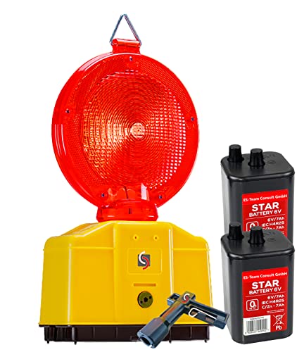 UvV-Shop Baustellenleuchte, LED, Warnleuchte rot- mit Secura-Halter, inkl. 2 x 6 Volt Batterien und 1 x Lampenschlüssel