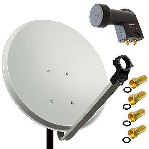 PremiumX 4K Digital SAT Anlage 80cm Antenne Stahl Hellgrau mit Twin LNB für 2 Teilnehmer inkl. 4x F-Stecker - alternative zu DVB-T2 oder Kabelfernsehen