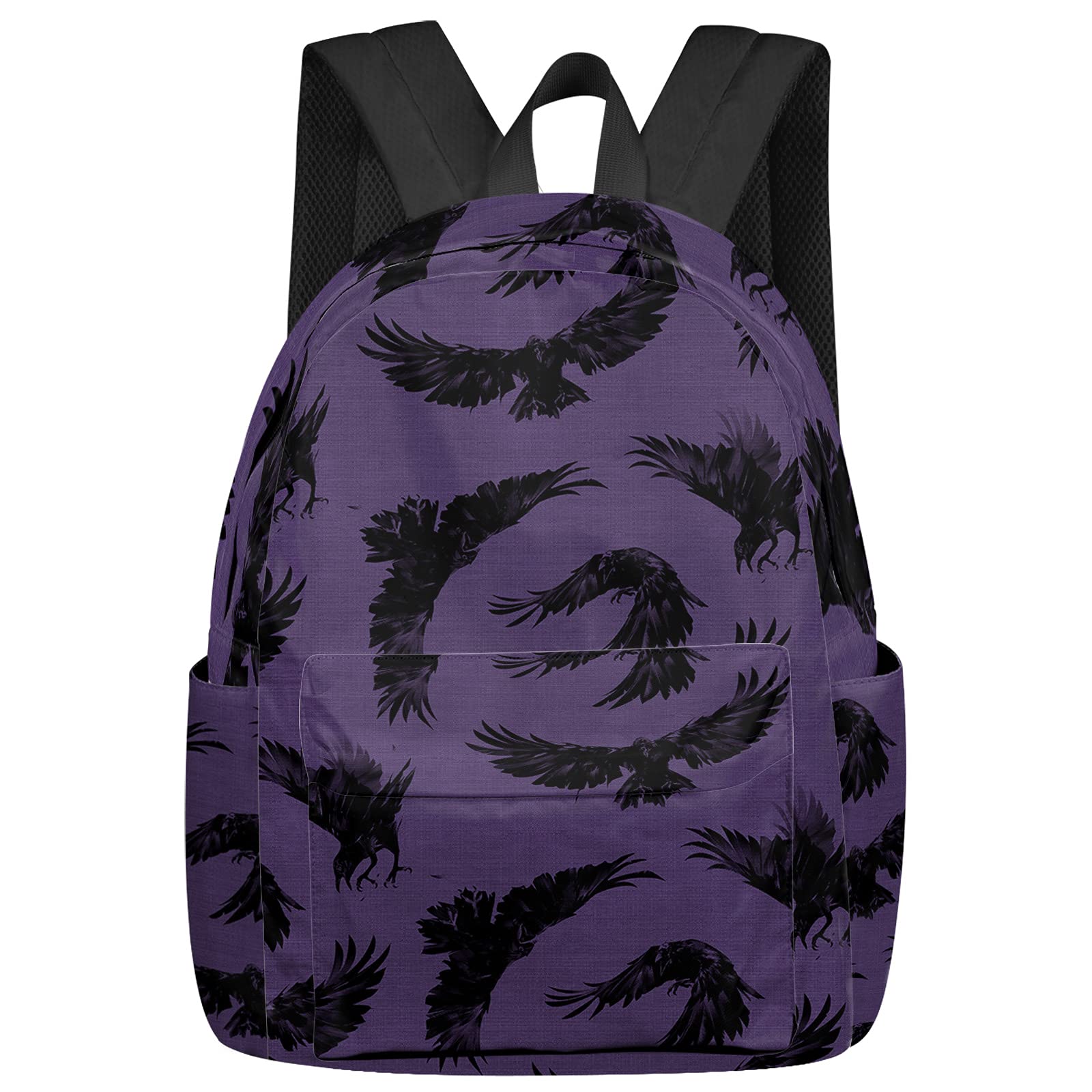 Lässiger Rucksack mit schwarzem Raben, Krähen, Schulbüchertasche, violetter Hintergrund, langlebig, für Reisen, Wandern, Camping, Tagesrucksack