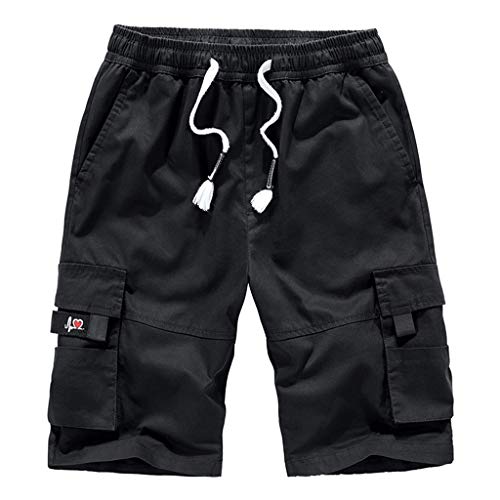 Yowablo Herren Shorts Bermuda Short Mehrfarbiger Overall mit Mehreren Taschen und elastischer Taille (5XL,Schwarz)