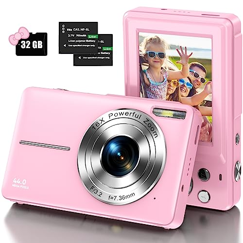 Digitalkamera 1080P Kinderkamera mit 32GB Karte FHD 44MP Vlogging Kamera mit LCD-Bildschirm 16x Zoom Kompakte Tragbare Mini Wiederaufladbare Kamera für Studenten Teenager Mädchen Jungen-Rosa