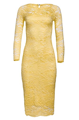 Laeticia Dreams Damen Kleid aus Spitze Langarm Wadenlang S M L XL XXL XXXL, Farbe:Gelb;Größe:48