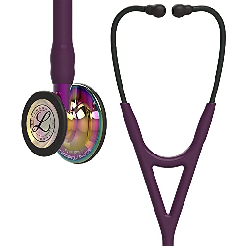 3M Littmann Cardiology IV Stethoskop, hochglänzendes, regenbogenfarbenes Bruststück, pflaumefarbener Schlauch, violetter Schlauchanschluss und schwarzer Ohrbügel, 6239