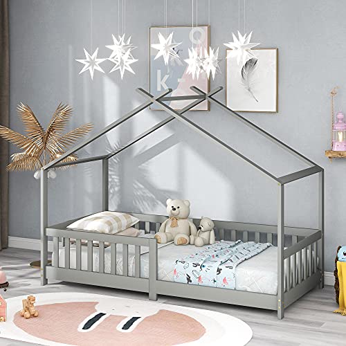 Kinderbett Hausbett 90x200 cm Rausfallschutz Bett, Holzbett für Kids, Mit Rausfallschutz und Lattenrost, für Kinder (Gray)