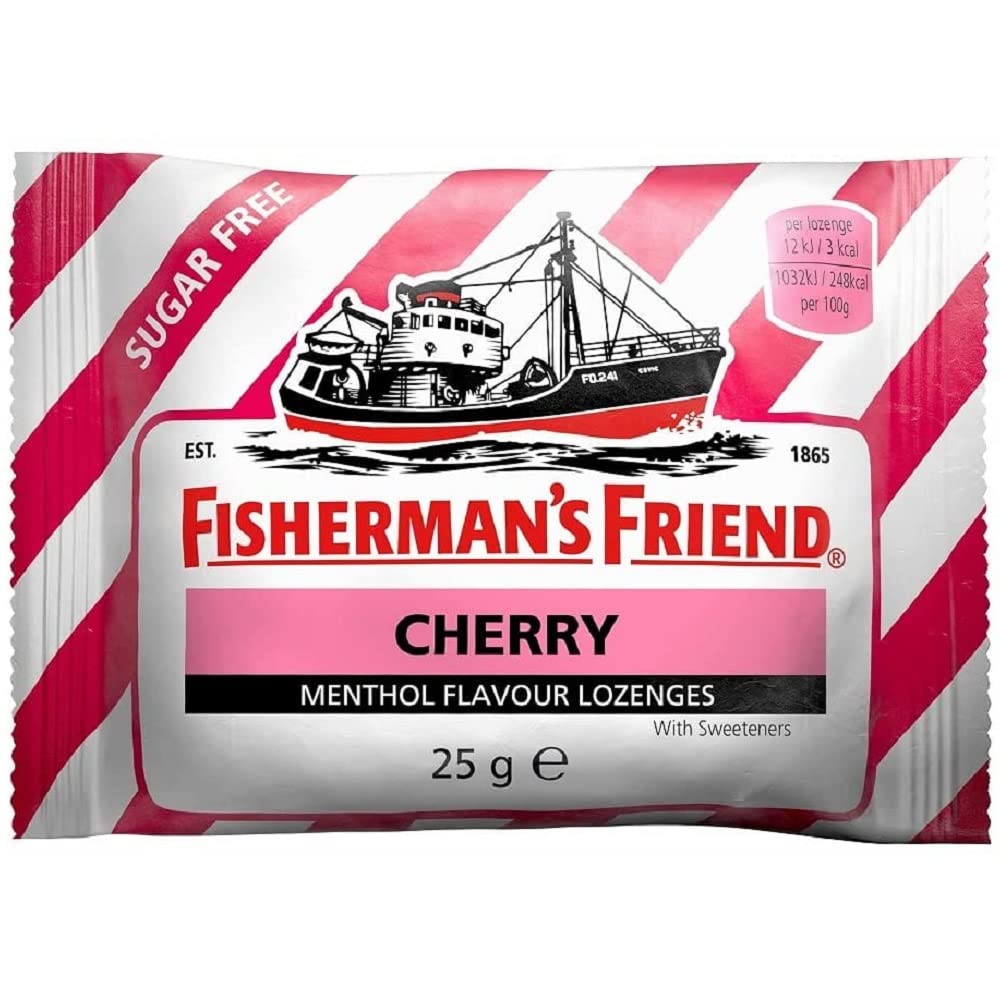 Fisherman's Friend Cherry | Karton mit 24 Beuteln | Kirsche und Menthol Geschmack | Zuckerfrei für frischen Atem
