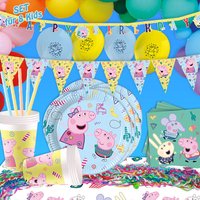 Peppa Wutz Partydeko Set Geburtstag XL, 139tlg. Peppa Pig Schweinchen Dekoset, Luftballons, Wimpelkette, Partygeschirr, Geburtstagstischdecke Kleinkinder