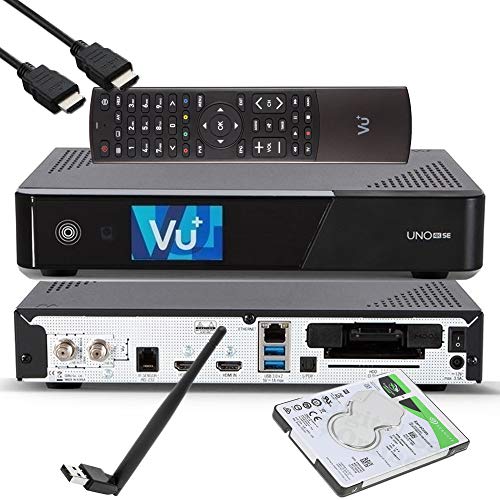 VU+ UNO 4K SE - UHD HDR 1x DVB-S2 FBC Sat Twin Tuner E2 Linux Receiver, YouTube, Satellit Festplattenreceiver, CI + Kartenleser, Media Player, USB 3.0, EasyMouse HDMI-Kabel, 1TB HDD, 150 Mbit WiFi