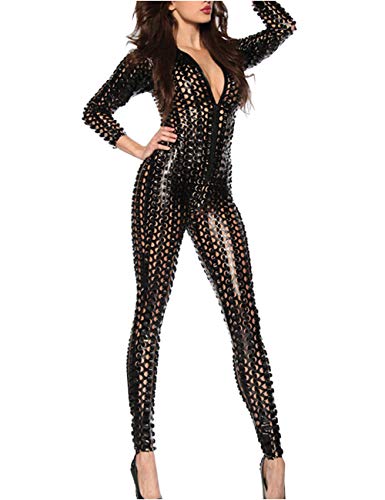 Panegy Glanz Playsuit Catwoman Transparent Overall Einteiler Hosenanzug Leder Catsuit für Damen - Schwarz Größe XL