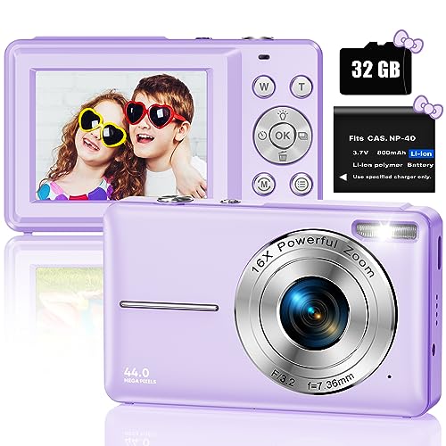 Digitalkamera, FHD 1080P 44MP Fotokamera Kompaktkamera mit 32GB Micro SD-Karte, Mini Digitalkameras, Wiederaufladbare Digital Kamera mit 16X Digitalzoom für Kinder, Erwachsene(Lila)