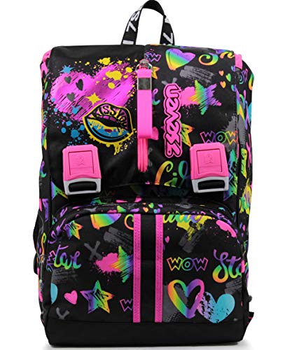 Seven Rucksack, Backpack für Schule, Uni & Freizeit, Erweiterbarer Schulranzen, Geräumige Schultasche für Teenager, Mädchen und Jungen, Extra Platz, schwarz/pink, BIG IRIDESCENT