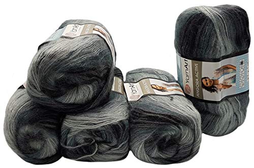 5 x 100 g YarnArt Angora Active Strickwolle mehrfarbig mit Farbverlauf, 500 Gramm Strickgarn mit 25% Mohair Wolle-Anteil (schwarz grau 840)
