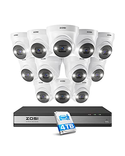 ZOSI PoE Überwachungskamera Set Aussen, 12X 5MP PoE Dome Kamera Überwachung mit 2 Wege Audio, 16CH 4K NVR mit 4TB HDD, Personenerkennung, Farb Nachtsicht