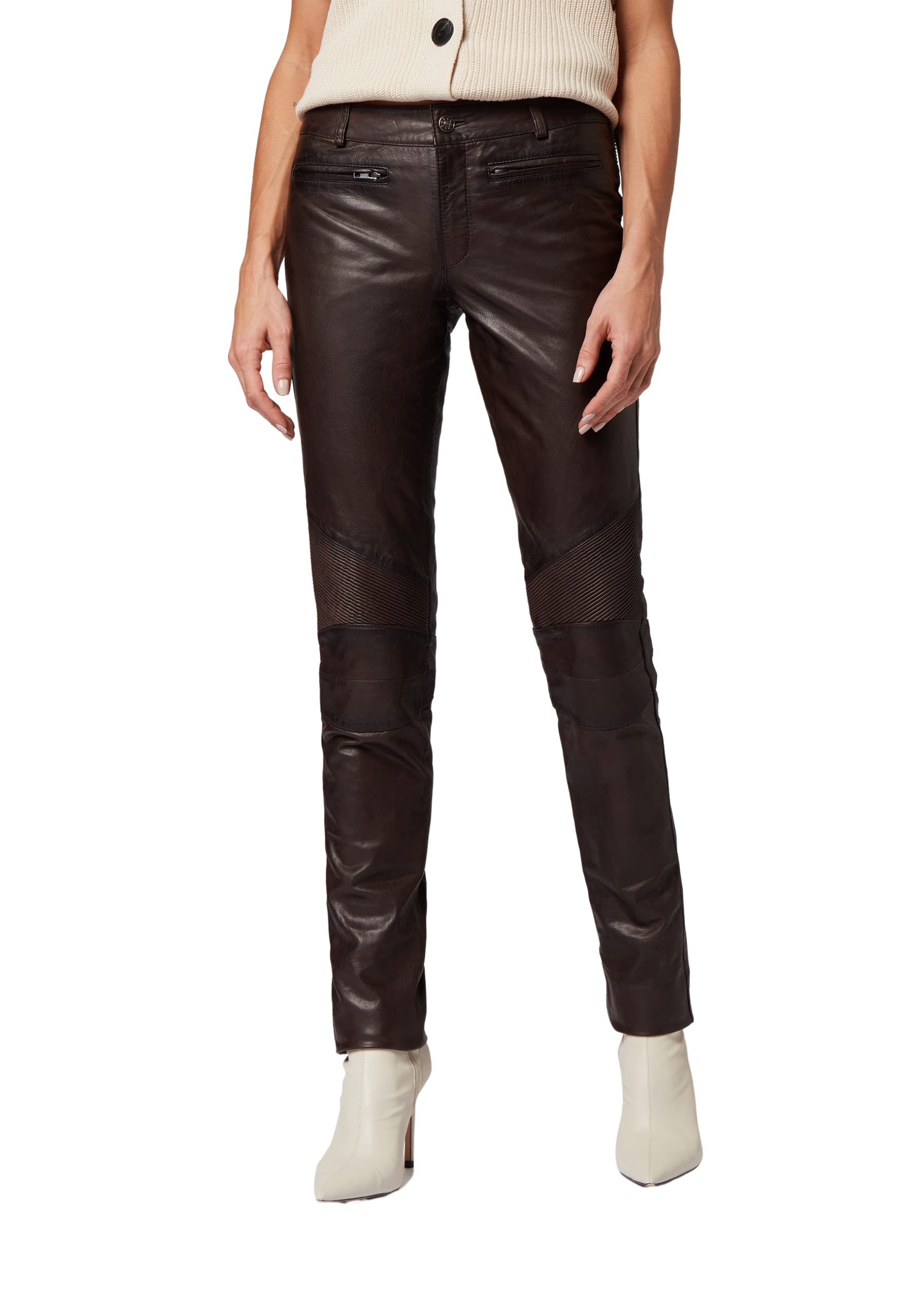 RICANO Donna - Damen Lederhose in Biker-Optik (Slim Fit/Regular Waist) - echtes (Premium) Ziegen Leder (Braun, L)