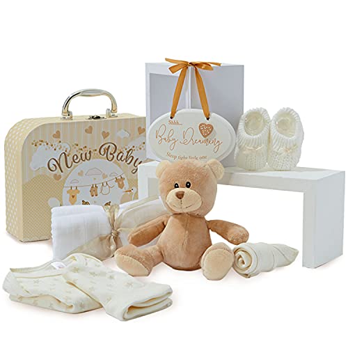 Baby-Geschenk-Set – Neugeborene Baby-Geschenke beinhalten Babykleidung, Musselin-Tücher, niedlichen creme Teddybär und hängende Plakette
