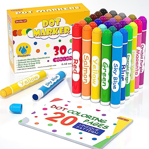 30 farbige Dot Markers, Shuttle Art Kinderstifte auswaschbar, Bingomarker (Bingo Dabbers), mit 20 einzigartigen Mustern von Dot Book für Kinder-Kunstaktivitäten, Ungiftige Tinte auf Wasserbasis
