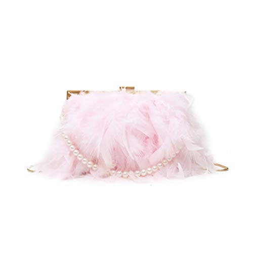 Fenical Abendtasche mit Perlenriemen Kette Clutch Bags Feder Umhängetasche für Frauen Mädchen Damen (pink)