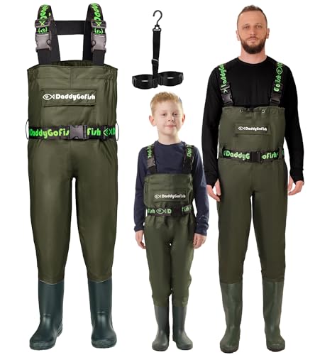 DaddyGoFish Wathose für Kinder und Erwachsene, Wathose zum Angeln und Jagen mit Tasche und Wathose-Aufhänger, Grün – Alter 7–8