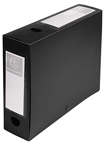 Exacompta 59831E Packung (mit 10 Archivboxen aus PP, mit Druckknopf, Rücken 80mm, DIN A4, mit Rückenetikett) schwarz, 10 Stück
