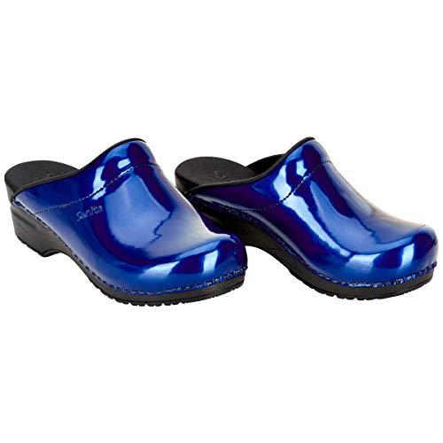Sanita | Patent offener Clog | Original handgemacht | Flexible Leder-Clogs für Damen | Anatomisch geformtes Fußbett mit weichem Schaum | Blau | 38 EU