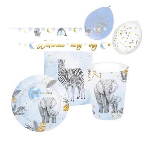 Party Ausstattung Set 44 teilig Baby Welcome Party mit Safari Motiv Becher Teller Figurengirlande Buchstaben Girlande Servietten Luftballons (Blau)