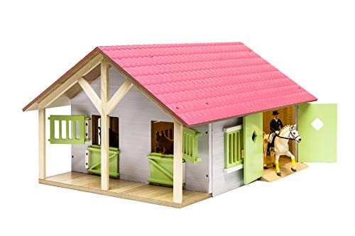 Van Manen 610168 - Kids Globe Farming Pferdestall Holz, 1:24 - mit 2 Boxen, Werkstatt; Dach+Türen beweglich, Farbe pink