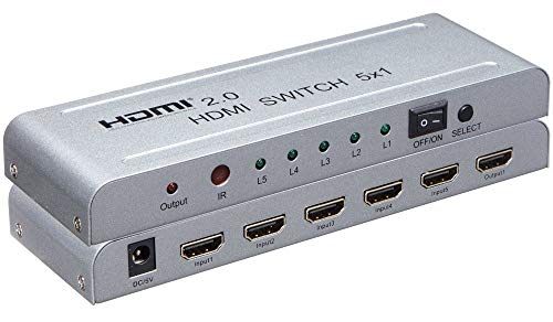 PremiumCord 4K HDMI Umschalter 5:1 mit Fernbedienung und Netzteil, Metallgehäuse, Switch, Video Auflösung 4Kx2K 2160p UHD 60Hz, Full HD 1080p, 3D, HDCP, Farbe Silber