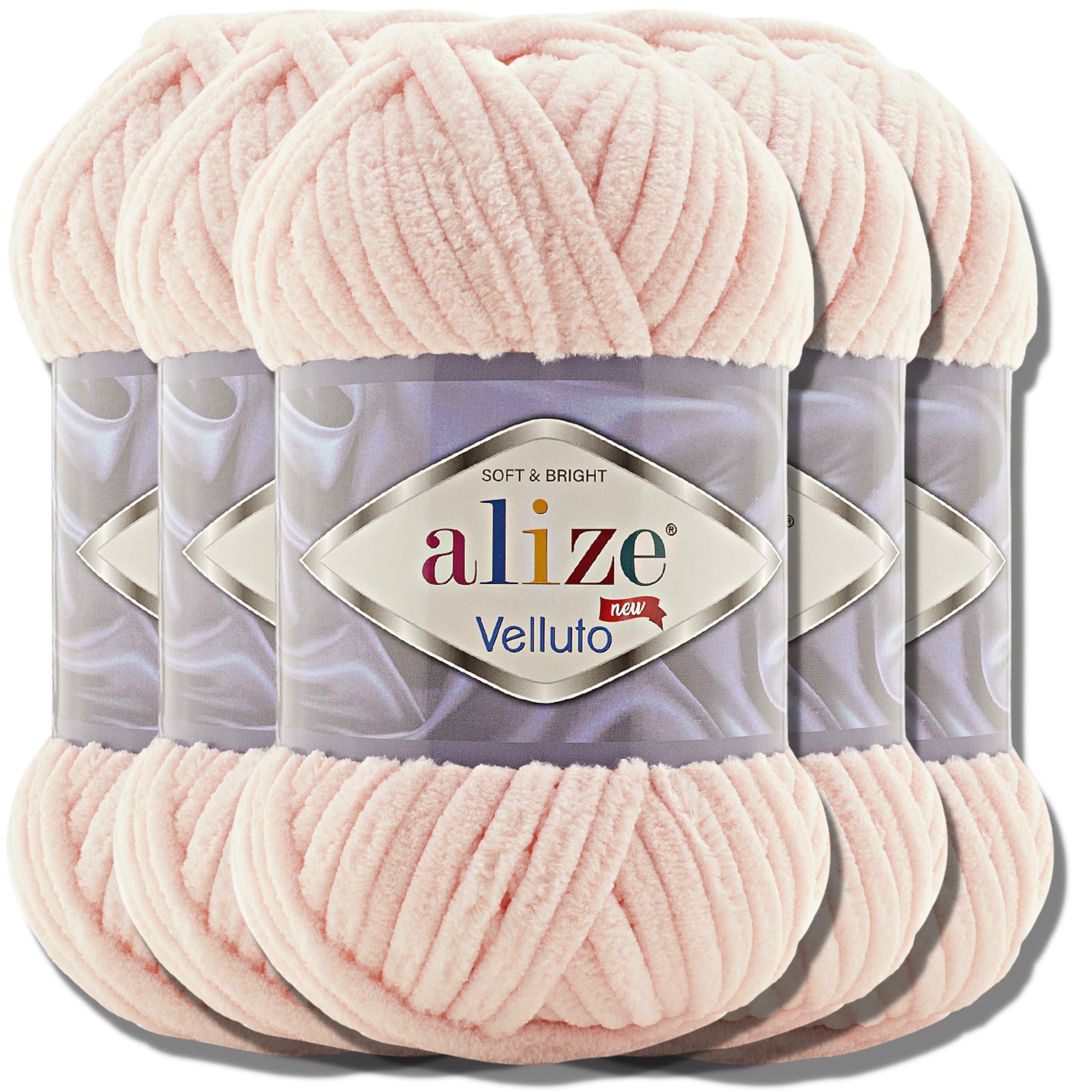 Alize Velluto 5x 100g Türkische Strickwolle super Bulky Wolle zum Häkeln Uni Farbe Babywolle Flauschgarn Filzwolle Kuschelwolle (Powder Pink | 340)
