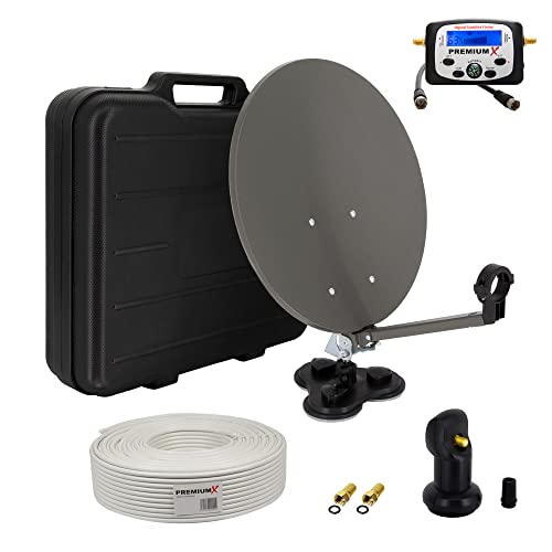 PremiumX HD Camping SAT Koffer Schüssel inkl. Digital Single LNB mit Wetterschutz + 10m Koaxial-TV-Kabel mit 2X F-Stecker inkl. LCD SatFinder