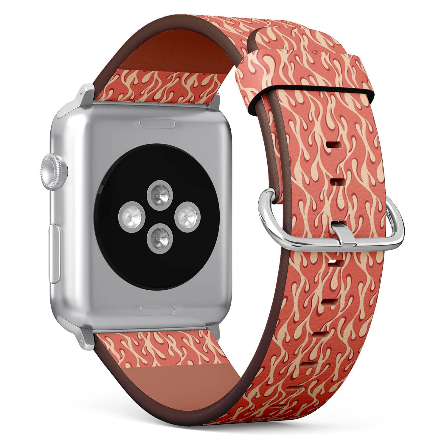 IKIKI-TECH Kompatibel mit Apple Watch-Armband, 38 mm, 40 mm, 41 mm (rotes lachsfarbenes Feuerflammen-Muster), Ersatzarmband aus veganem Leder für iWatch Serie 8, 7, 6, 5, 4, 3, 2, 1 Ultra SE