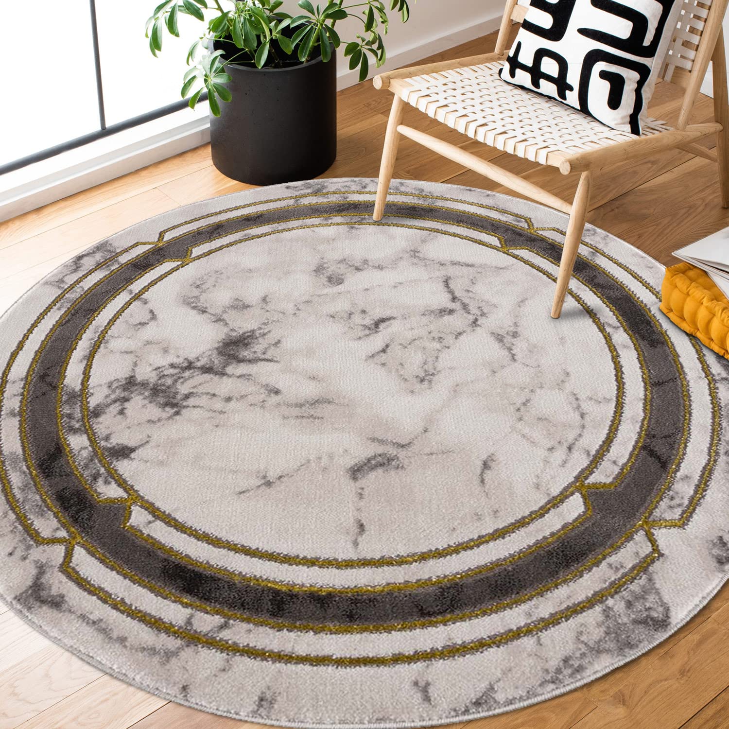carpet city Teppich Wohnzimmer - Bordüre 120 cm Rund Grau Golden Meliert - Moderne Teppiche Kurzflor