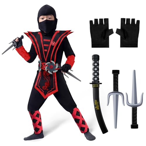 Spooktacular Creations Kind Rote Ninja Kostüm für Jungen und Mädchen, Halloween Dress Up Party, Ninja Rollenspiel