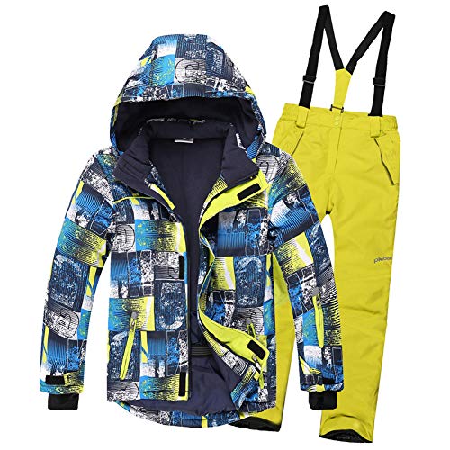 LPATTERN Kinder Jungen/Mädchen Skifahren Bekleidung 2 Teilig Schneeanzug Skianzug(Skijacke+ Skihose), Blau Gelb Jacke+ Gelb Trägerhose, 110