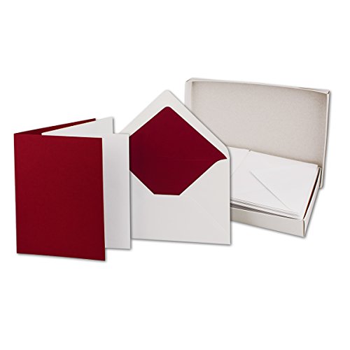 50 Faltkarten-Sets - Dunkelrot - 12 x 17 cm - DIN B6 Klapp-Karten mit Briefumschläge Dunkelrot gefüttert - inklusive Einleger