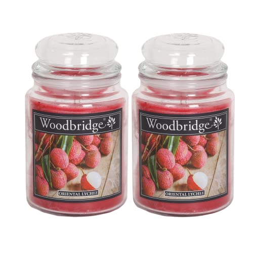 Woodbridge Duftkerze im Glas mit Deckel | 2er Set Oriental Lychee | Duftkerze Fruchtig | Kerzen Lange Brenndauer (130h) | Duftkerze groß | Kerzen Rot (565g)