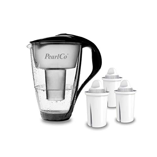 PearlCo - Glas-Wasserfilter (schwarz) mit 3 classic Filterkartuschen - passt zu Brita Classic