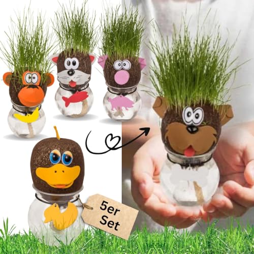 5er Set Graskopf mit kleiner Vase Tierköpfe mit Rasensamen Lustige Tischdekoration Geschenk Für Kinder 10