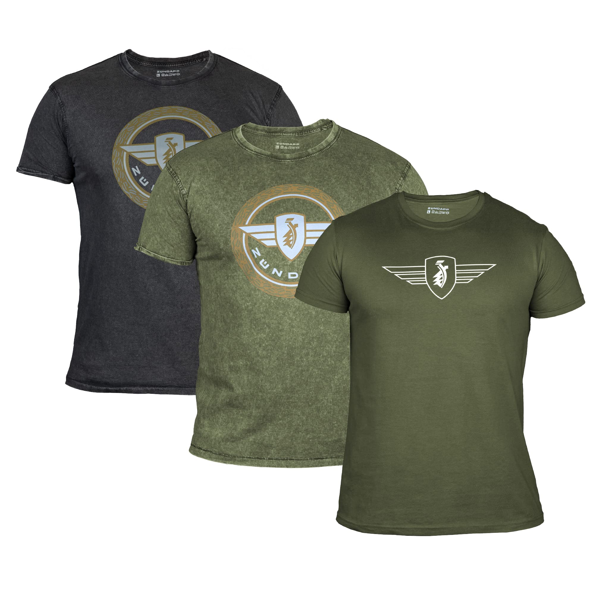 ZÜNDAPP T Shirt Herren oder Damen | Basic Tshirt 3er Set | Unisex Baumwoll T-Shirt 3er Pack (XXL, Oliv meliert + grau meliert + Oliv Uni)
