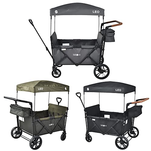 FableKids Bollerwagen Leo X4Lite mit Dach | Faltbarer Transportwagen | belastbar bis 20 kg pro Sitz | 5-Punkt-Gurt | 360° Räder | Fußbremse | Oxford 600D| Fossil Grau