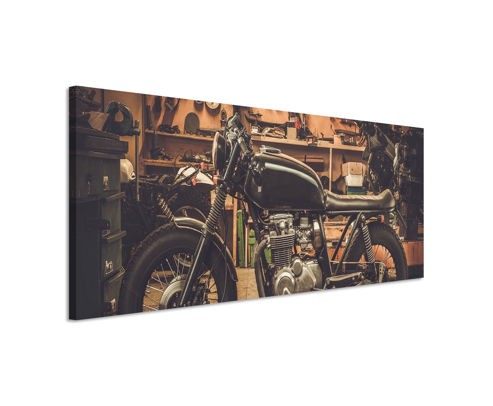 Unique Bild 120x40cm Kunstbilder – Vintage Motorrad in der Garage