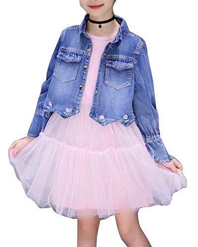 Kinder Mädchen Denim Jeansjacke Stickerei Jacket Übergangsjacke + Langarm Kleid Pink 140CM