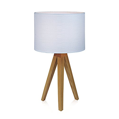 Markslöjd KULLEN Tischleuchte mit Holzfuß skandinavische Shirmlampe mit weißer Textilschirm - Tripod lampe für Wohnzimmer und Schlafzimmer E14 höhe 44cm