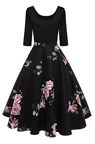 Axoe Damen A-Linie Kleid 60er Jahre Rockabilly mit Blumenrock 3/4 Ärmel Gr.36, Farbe 4, M (38/40 EU)
