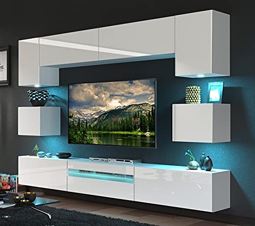 Furnitech BESTA Möbel Schrankwand Wandschrank Wohnwand Mediawand mit Led Beleuchtung Wohnzimmer (LED RGB (16 Farben), GAN1-17W-HG21 1B)
