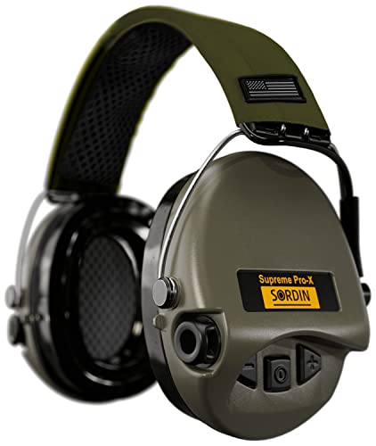 Sordin Supreme Pro-X Gehörschutz - aktiver Kapsel-Gehörschützer - grünes Kopfband mit US-Flagge - grüne Kapseln