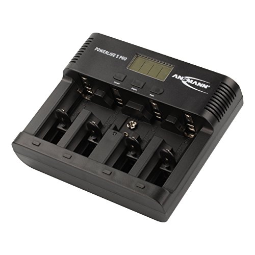 ANSMANN Universal Powerline 5 Pro AA AAA C D & 9 V Batterieladegerät für NiMh NiCd Akkus mit UK, EU, USA & AUS Steckern und LCD Display Schnellladegerät zum Laden & Entladen