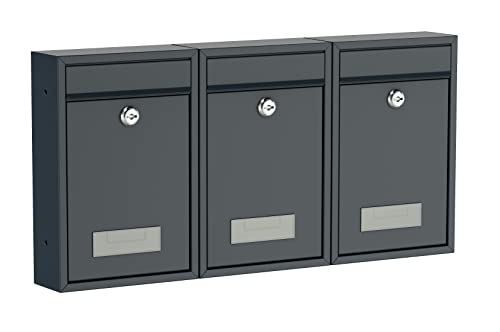 BASI Briefkasten 3er Set | Wandbriefkasten aus Stahl | Farbe Anthrazit Matt | mit Namensschild | Zylinderschloss mit 2 Schlüssel | inkl. Befestigungsmaterial | Briefkastenanlage | 3 Stück