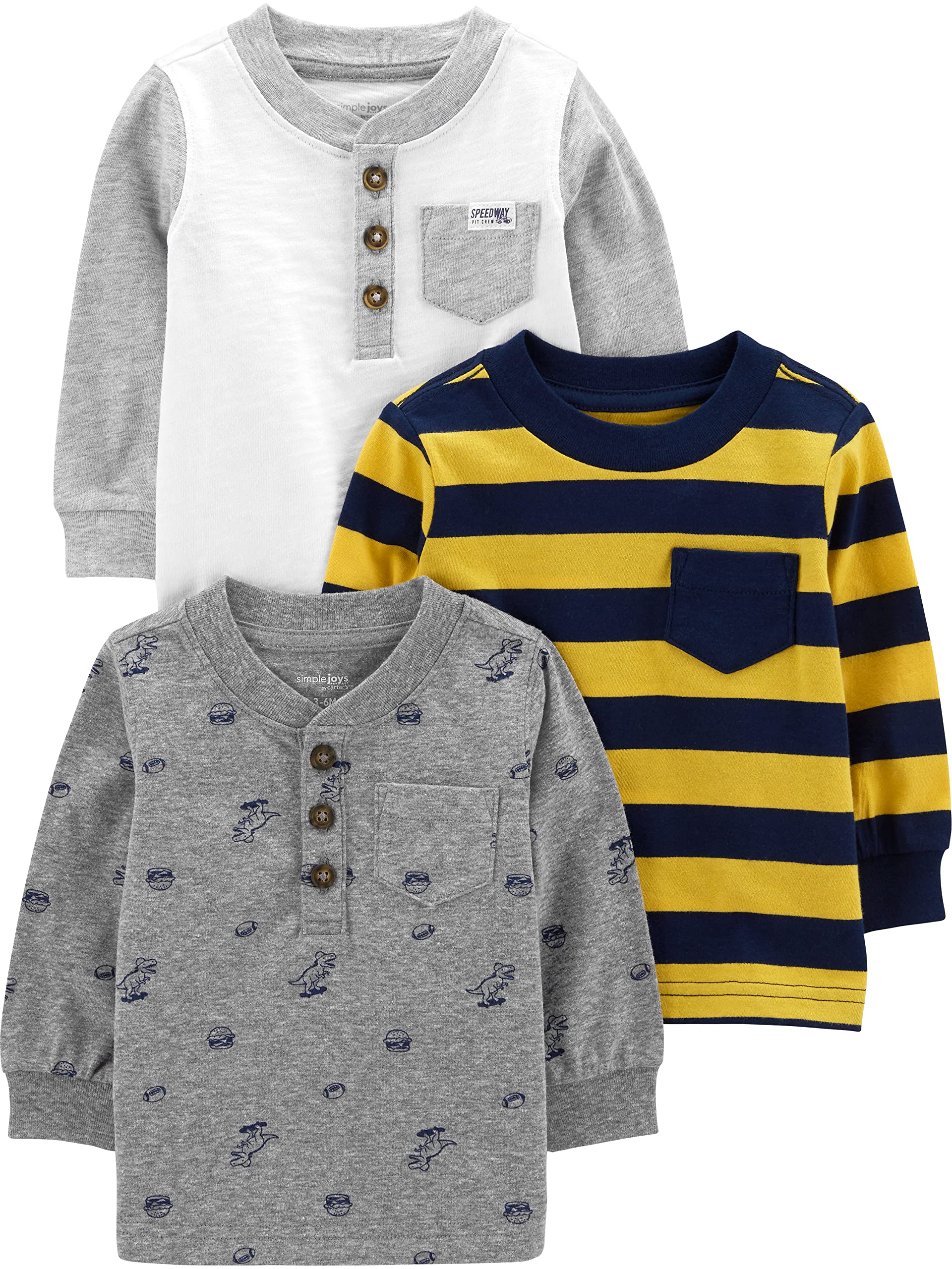 Simple Joys by Carter's Baby-Jungen Long-Sleeve, Pack of 3 T-Shirt, Gelb Streifen/Grau Dinosaurier/Weiß, 2 Jahre (3er Pack)